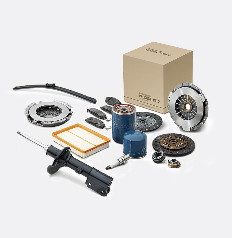 Eine Zusammenstellung verschiedener Kia Smart Parts – von Ölfiltern über Bremsbeläge und Bremsscheiben bis hin zu Innenraumfiltern, Wischerblättern und weiteren Komponenten.